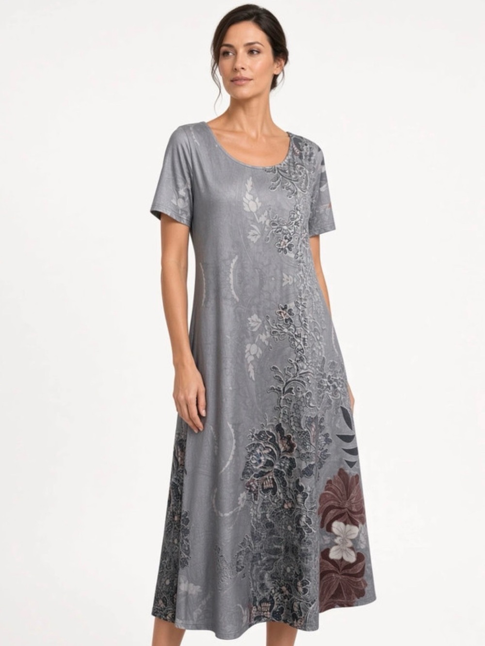 Gray Floral Maxi Dress with Short Sleeves